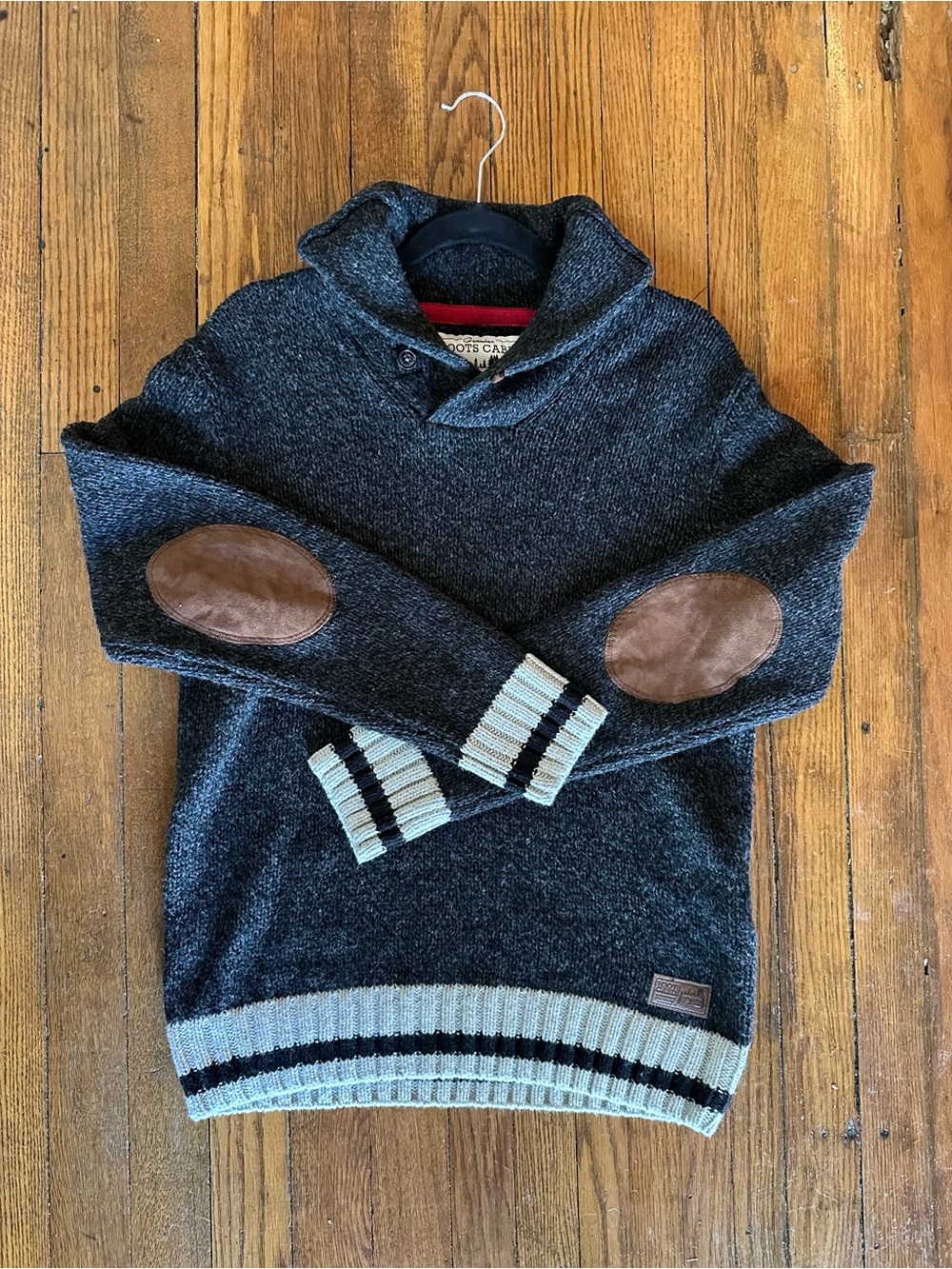 Roots Cabin Wool Blend Shawl Collar Pullover Sweater with Brown Elbow Patches